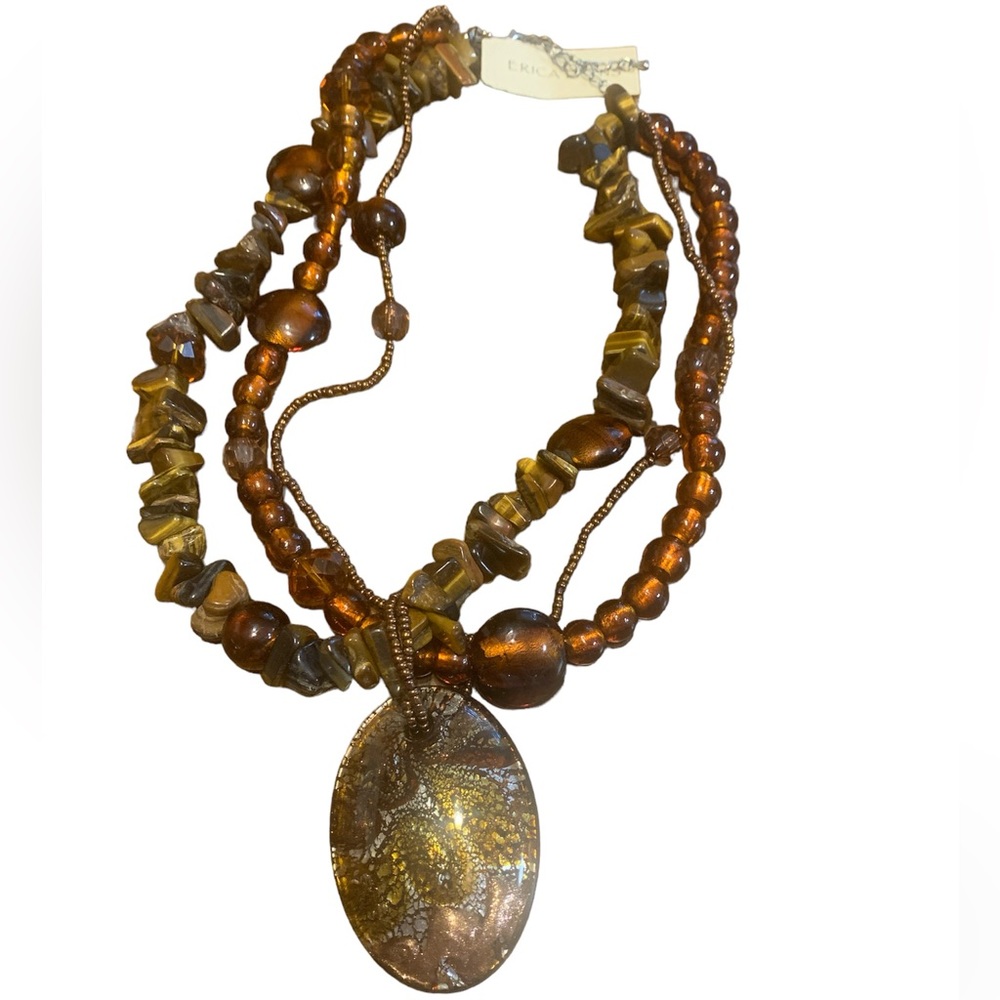 Erica Lyons Brown Beaded Polished Gem 3 Strand Statement Pendant Necklace NWT